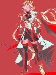  1girl absurdres animal_ears artist_name birthday black_gloves blue_eyes boots commentary_request crown echoo epaulettes fluffy_clothes fluffy_collar gloves happy_birthday highres horse_ears horse_girl long_hair looking_at_viewer orfevre_(control)_(umamusume) orfevre_(umamusume) red_background simple_background solo standing thigh_boots umamusume white_hair 