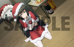  1girl 3: anime_coloring annoyed artist_request belt black_eyes capelet champagne_bottle character_name character_profile collarbone crossed_arms cup dress drinking_glass food fur-trimmed_capelet fur-trimmed_dress fur-trimmed_gloves fur-trimmed_headwear fur_trim gloves green_hair green_hoodie hat hiyajou_maho holding hood hoodie id_card indoors jacket long_hair looking_at_viewer lowres messy_hair no_shoes official_art pantyhose parted_lips pizza promotional_art red_capelet red_dress red_gloves red_hat round_teeth sample_watermark santa_costume santa_hat science_adventure shirt sitting solo steins;gate steins;gate_0 stuffed_toy table teeth watermark wavy_mouth web_address white_jacket white_pantyhose white_shirt wine_glass yokozuwari 