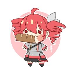  1girl :3 ahoge arms_at_sides baguette blush_stickers border bow bread buttons chibi chibi_only choco_hosikawa colored_petticoat commentary_request double-breasted double-parted_bangs drill_hair eating film_grain food food_in_mouth food_on_face full_body grey_jacket grey_skirt hair_between_eyes hair_bow jacket kasane_teto kasane_teto_(sv) long_sleeves looking_ahead medium_skirt outline outside_border petticoat pink_background red_eyes red_hair red_trim round_border short_hair shoulder_belt shoulder_boards sidelocks simple_background skirt solid_circle_eyes solo standing star_(symbol) synthesizer_v translation_request twin_drills utau white_border white_bow white_outline zoom_layer 