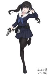  1girl absurdres arm_at_side belt black_belt black_hair black_pantyhose black_shoes blue_bow blue_neckerchief blue_serafuku blue_shirt blue_skirt bow commentary_request dated english_commentary floating_hair full_body glock gun hairband hand_up handgun highres holding holding_gun holding_weapon holster leg_up loafers long_hair looking_at_viewer miniskirt mixed-language_commentary neckerchief one_eye_closed open_mouth original pantyhose pleated_skirt sailor_collar school_uniform serafuku shirt shoes signature simple_background skirt smile standing standing_on_one_leg tuopai! twintails utility_belt violet_eyes weapon white_background white_sailor_collar 