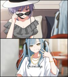  2girls balenciaga bang_dream! bang_dream!_it's_mygo!!!!! black-framed_eyewear blue_hair chain's glasses hat highres looking_at_another multiple_girls purple_hair red_eyes shirt t-shirt togawa_sakiko white_hat white_shirt yellow_eyes yuutenji_nyamu 