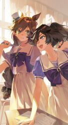  2girls absurdres ahoge animal_ears bag black_hair blue_eyes bow bowtie breasts brown_hair commentary_request ear_covers hair_between_eyes hair_ornament hairclip hat highres horse_ears horse_girl jewangchobab katsuragi_ace_(umamusume) long_hair mini_hat mini_top_hat mr._c.b._(umamusume) multicolored_hair multiple_girls open_mouth pleated_skirt ponytail puffy_short_sleeves puffy_sleeves purple_bow purple_bowtie purple_shirt sailor_collar sailor_shirt school_bag school_uniform shirt short_sleeves skirt smile streaked_hair teeth top_hat tracen_school_uniform umamusume white_hair white_sailor_collar white_skirt 