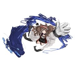  1girl angelina_(arknights) animal_ears arknights black_collar black_shirt black_shorts blush_stickers brown_hair coat collar commentary_request floating_clothes foreshortening fox_ears fox_girl full_body gloves hairband jacket kanuluillust long_hair long_sleeves looking_at_viewer material_growth multicolored_hairband open_clothes open_coat open_jacket originium_arts_(arknights) oripathy_lesion_(arknights) outstretched_arm red_eyes red_hairband red_jacket shirt short_shorts shorts simple_background smile solo striped_clothes striped_hairband translation_request twintails two-tone_hairband white_background white_coat white_gloves 