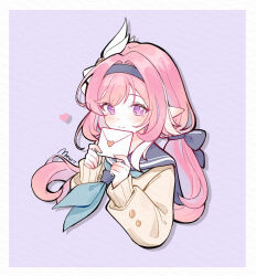 1girl absurdres blue_hairband blue_sailor_collar border brown_sweater chinese_commentary commentary_request cropped_torso dafu_zhentan diamond-shaped_pupils diamond_(shape) elf elysia_(herrscher_of_human:_ego)_(honkai_impact) elysia_(honkai_impact) grey_background hairband highres holding holding_letter honkai_(series) honkai_impact_3rd letter long_hair looking_at_viewer multicolored_hair pink_hair pointy_ears sailor_collar simple_background smile solo sweater symbol-shaped_pupils two-tone_hair very_long_hair violet_eyes white_border white_hair 