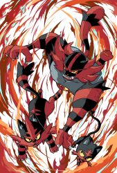  animal_hands black_fur cat claws colored_sclera commentary_request fangs fire green_eyes highres incineroar litten no_humans onigiri_debu open_mouth pokemon pokemon_(creature) pokemon_sun_and_moon red_eyes red_fur sharp_teeth tail teeth torracat two-tone_fur whiskers yellow_sclera 