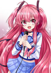  1girl :d ahoge angel_beats! black_choker blue_sailor_collar blue_skirt blush choker collarbone commentary cowboy_shot demon_tail eyes_visible_through_hair fang hair_between_eyes hands_up happy highres holding holding_microphone kaikai long_hair long_sleeves looking_at_viewer microphone midriff miniskirt neckerchief open_mouth pink_eyes pink_hair pink_neckerchief pleated_skirt sailor_collar sailor_shirt shinda_sekai_sensen_uniform shirt sidelocks simple_background skirt smile solo straight_hair tail tail_raised tareme two_side_up very_long_hair white_background white_shirt yui_(angel_beats!) 