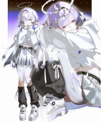  1girl absurdres alternate_costume breasts commentary earrings full_body grey_hair hair_intakes hair_over_one_eye halo highres jewelry long_hair mornye_(wuthering_waves) platform_shoes red_eyes riryachi see-through_body shoes skirt small_breasts solo triangle_earrings white_skirt wuthering_waves 