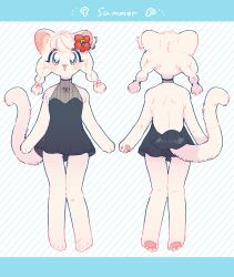  1girl animal_feet animal_hands black_one-piece_swimsuit blue_background blue_eyes body_fur braid cat_girl cocri commentary_request dress_swimsuit flower full_body furry furry_female hair_flower hair_ornament looking_at_viewer one-piece_swimsuit original princess_koyuki_(cocri) striped_background swimsuit tail twin_braids whiskers white_fur white_hair 