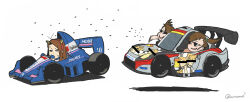  3girls anger_vein blue_car brown_hair car censored censored_identity commentary_request demon_horns fake_horns formula_racer futami_ami futami_mami hairband highres horn_hairband horns idolmaster idolmaster_(classic) kagamine_len kagamine_rin kayatsu_urotoma long_hair minase_iori motor_vehicle multiple_girls oni race_vehicle racecar setsubun shimoda_asami short_hair side_ponytail simple_background smile sunglasses throwing twitter_username vocaloid voice_actor_connection white_background 