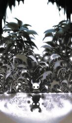  1other black_eyes cloak colored_skin commentary different_reflection full_body glowing glowing_eyes grey_cloak highres hollow_eyes hollow_knight horned_mask knight_(hollow_knight) leaf looking_down mask my_nameisyoon plant reflection reflective_liquid white_mask 