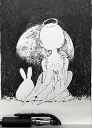  1girl angel art_tools_in_frame ballpoint_pen_(medium) facing_away from_behind greyscale halo hidari_(nanmu-left) highres monochrome moon original pen_(medium) photo_(medium) rabbit short_hair traditional_media wings 