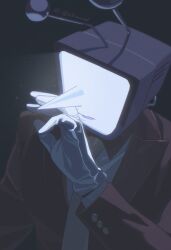  1boy absurdres ant_tenna artist_name collared_shirt commentary crt deltarune english_commentary gloves highres jacket jewelry long_nose long_sleeves male_focus necktie object_head pointy_nose radio_antenna red_jacket ring shirt solo twitter_username utdr_(toby_fox) vrainal white_gloves white_shirt yellow_necktie 