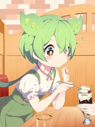  1girl 1other blush_stickers brown_eyes cherry commentary_request cup edamame eyebrows_hidden_by_hair food food_on_face fruit green_hair green_shorts heart heart-shaped_pupils highres holding holding_cup holding_spoon ice_cream low_ponytail mushi_gyouza pea_pod ponytail puffy_short_sleeves puffy_sleeves short_sleeves shorts smile spoon sundae suspender_shorts suspenders symbol-shaped_pupils voiceroid voicevox zundamon 