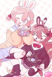  2girls :d ;d animal_ear_hairband animal_ears bandaid bandaid_on_knee bandaid_on_leg black_cardigan black_hairband black_thighhighs blue_sailor_collar brown_hair brown_shoes buttons cardigan commentary double-parted_bangs egg english_commentary evil_neuro-sama fake_animal_ears foot_out_of_frame hair_between_eyes hair_ornament hairband highres koilccc long_hair long_sleeves looking_at_viewer multiple_girls neuro-sama one_eye_closed open_mouth rabbit_ear_hairband rabbit_ears rabbit_hair_ornament sailor_collar school_uniform serafuku shoes short_hair smile thigh-highs vedal_ai virtual_youtuber white_hairband yellow_cardigan 