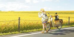  1girl :d backpack bag blonde_hair blue_skirt blue_sky braid cellphone field fujita_kotone gakuen_idolmaster gaoqiaoyuyin_takahashi helmet highres holding holding_phone honda honda_super_cub idolmaster jacket long_hair miniskirt motor_vehicle motorcycle motorcycle_helmet open_mouth orange_shoes outdoors phone pleated_skirt road shoes skirt skirt_peek sky smartphone smile sneakers socks solo taking_picture twin_braids unworn_headwear unworn_helmet white_bag white_jacket white_socks yellow_eyes 