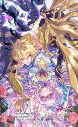  1boy 1girl absurdres armor arms_up artist_collaboration artist_name bent_over blonde_hair blunt_bangs boy_on_top closed_mouth colored_skin couple cyrene_(demiurge)_(honkai:_star_rail) cyrene_(honkai:_star_rail) dress falling_petals flower galthesun glowing gold_armor hetero highres honkai:_star_rail honkai_(series) leaning_forward light_particles long_hair looking_at_viewer looking_down looking_up lying multicolored_skin official_alternate_costume on_back on_bed orange_eyes parted_lips petals phainon_(honkai:_star_rail) phainon_(khaslana)_(honkai:_star_rail) pink_hair rose spiky_hair star_(symbol) twitter_username two-tone_skin upside-down violet_eyes wavy_hair wings 
