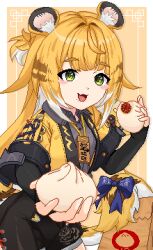  1girl animal_ear_fluff animal_ears black_gloves black_shirt black_shorts blonde_hair cropped_jacket elbow_gloves fingerless_gloves food gloves green_eyes highres jacket ju_fufu leopxl looking_at_viewer multicolored_hair open_mouth pixel_art shirt shorts smile solo steamed_bun tiger_ears tiger_girl two-tone_hair white_hair yellow_jacket zenless_zone_zero 