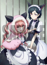  1boy 1girl akiha_rumiho animal_ear_hairband animal_ears animal_hands apron artist_request belt belt_buckle black_hair blush buckle capelet cat_ears crossdressing crossdressing_(mtf) drill_hair embarrassed enmaided fake_animal_ears frills fur-trimmed_capelet fur-trimmed_hood fur_trim gloves hair_ornament hairband high-waist_belt holding holding_tray hood hood_up long_hair looking_at_viewer maid maid_apron maid_headdress mayqueen_maid_uniform official_art open_mouth paw_gloves pink_eyes pink_gloves pink_hair puffy_short_sleeves puffy_sleeves purple_ribbon ribbon sample_watermark science_adventure short_hair short_sleeves skull_hair_ornament smile steins;gate steins;gate_0 summer_uniform tray tsurime twin_drills twintails urushibara_luka very_long_hair watermark white_apron white_wrist_cuffs winter_uniform wrist_cuffs 