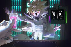 1boy alcohol alien_888 animal_skull antenna_hair blonde_hair coat cowboy_shot cup drinking_glass facial_mark facing_viewer gloves green_eyes high_collar holding holding_cup indoors kuaidul_velgear long_hair long_sleeves looking_ahead male_focus numbered open_mouth outstretched_arms pov pukey_goddess_shot_trick score scoreboard shot_glass shoulder_pads spiky_hair stained_glass table tablecloth vignetting white_coat white_gloves window yu-gi-oh! yu-gi-oh!_go_rush!! 