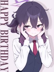  1girl artistic_error black_vest blue_archive commentary_request dress_shirt english_text hair_ornament hairclip halo hands_on_own_cheeks hands_on_own_face happy_birthday haruka_(blue_archive) haruka_(suit)_(blue_archive) highres kakinarchiveman long_sleeves looking_to_the_side necktie official_alternate_costume pink_background ponytail purple_hair purple_halo red_necktie shirt short_ponytail sideways_glance solo upper_body vest violet_eyes white_shirt 