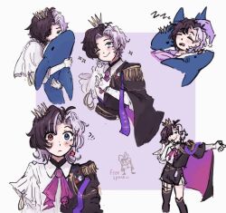  bad_link black_hair blue_eyes blush closed_mouth collared_shirt crown english_text heterochromia hugging_object ikea_shark indie_virtual_youtuber looking_at_viewer multicolored_hair one_eye_closed open_mouth purple_background purple_hair purple_shirt red_eyes rin_penrose rin_penrose_(rin_1.0) shirt short_hair shorts smile split-color_hair stuffed_animal stuffed_shark stuffed_toy virtual_youtuber white_background white_shirt zzz 