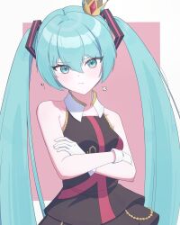 1girl :t aqua_eyes aqua_hair bare_shoulders black_dress border breasts collar commentary_request crown dress gloves hair_between_eyes hair_intakes hair_ornament hatsune_miku highres light_blush long_hair looking_at_viewer medium_breasts mini_crown outside_border pink_background pout robo_448 sidelocks simple_background solo twintails very_long_hair vocaloid white_border white_collar white_gloves 