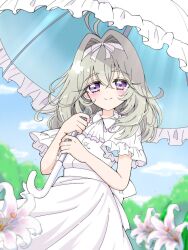  1girl antenna_hair bow capelet commentary_request dress flower frilled_sleeves frills hair_intakes highres holding holding_umbrella long_hair looking_at_viewer meitantei_precure! moria_luluka outdoors precure rihabi5656 short_sleeves sky smile solo umbrella violet_eyes white_dress white_flower white_umbrella 