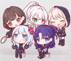  1other 25-ji_nightcord_de._(project_sekai) 4girls :d :o ^_^ akiyama_mizuki asahina_mafuyu black_boots black_hoodie black_sandals blue_eyes blue_hair blush boots brown_eyes brown_hair chair chibi chibi_only closed_eyes closed_mouth commentary_request double-parted_bangs flower full_body green_eyes grey_background hair_flower hair_ornament heterochromia holding holding_mirror hood hood_up hoodie long_hair mirror multiple_girls open_mouth oyasumirakko pink_eyes pink_hair ponytail project_sekai purple_hair red_flower red_rose rose sandals shinonome_ena short_hair simple_background sitting smile standing violet_eyes white_hair yoisaki_kanade 