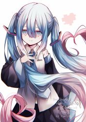  absurdres aqua_hair aqua_necktie bare_shoulders black_skirt black_sleeves closed_mouth commentary detached_sleeves grey_shirt hair_between_eyes hand_up hatsune_miku heart highres komiya_shuu long_hair multicolored_hair necktie number_tattoo pink_hair shirt sidelocks skirt sleeveless sleeveless_shirt smile tattoo twintails two-tone_hair very_long_hair vocaloid watermark 