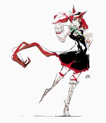  animal_ears black_dress boots bow bowtie brown_hair closed_mouth collared_shirt commentary dress ear_covers full_body green_bow green_bowtie hand_on_own_hip hand_up highres horse_ears horse_girl horse_tail knee_boots long_sleeves looking_at_viewer multicolored_hair nice_nature_(poinsettia_ribbon)_(umamusume) nice_nature_(umamusume) red_bow red_bowtie ringring_(artist) shirt signature simple_background sketch streaked_hair striped_bow striped_bowtie striped_clothes tail twintails umamusume white_background white_boots white_shirt 