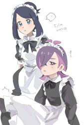  2girls apron black_dress black_hair blue_eyes blue_hair blush commentary_request cowlick dot_(pokemon) dress eyelashes frilled_apron frills hair_ornament hair_over_one_eye hairclip highres liko_(pokemon) long_sleeves looking_at_viewer maid maid_apron maid_headdress mizu_251 multicolored_hair multiple_girls open_mouth pink_hair pokemon pokemon_(anime) pokemon_horizons purple_hair simple_background two-tone_hair violet_eyes white_apron 