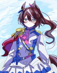  1girl animal_ears ascot blue_eyes blush breasts brown_hair buttons cape closed_mouth double-breasted epaulettes hair_between_eyes highres horse_ears horse_girl horse_tail jacket long_hair long_sleeves looking_at_viewer multicolored_hair multicolored_jacket pink_ascot ponytail poposhika red_cape single_epaulette single_hair_streak skirt small_breasts solo streaked_hair tail tokai_teio_(peak_joy)_(umamusume) tokai_teio_(umamusume) two-tone_hair two-tone_jacket two-tone_skirt umamusume white_hair white_jacket white_skirt white_streaks 