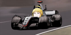  1girl ahoge artist_name blonde_hair car closed_eyes closed_mouth commentary_request deformed driving formula_one formula_racer hoshii_miki idolmaster idolmaster_(classic) kayatsu_urotoma motor_vehicle outdoors race_vehicle racecar signature solo 