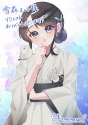  1girl bird black_ribbon blush braid commentary_request commission grey_eyes iriam japanese_clothes kimono looking_at_viewer mirula_production momo_maru multicolored_hair obi open_mouth ribbon sash skeb_commission snowflake_background snowflake_ornament snowflake_print thinking virtual_youtuber wide_sleeves yukimori_mashiro 
