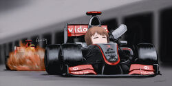  2girls artist_name brown_hair car closed_eyes commentary_request deformed driving fire formula_one formula_racer hagiwara_yukiho hoshii_miki idolmaster idolmaster_(classic) kayatsu_urotoma motor_vehicle multiple_girls race_vehicle racecar short_hair signature 