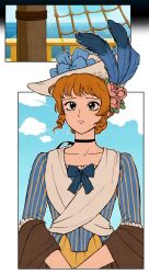  1girl black_choker black_eyes blue_feathers blue_shirt choker closed_mouth collarbone commentary_request dg_sherbet feathers flower green_skirt hair_bun hat hat_feather hat_flower highres korean_commentary official_art orange_hair pink_flower ringlets sherbet_(sherbet_above_the_sea_of_fog) sherbet_above_the_sea_of_fog shirt single_hair_bun skirt solo split_mouth white_hat 