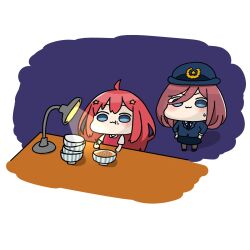  2girls :3 ahoge akino_ell blue_eyes blue_hat blue_jacket blue_necktie blue_skirt blush bowl brown_hair chibi chopsticks closed_mouth collared_shirt commentary_request desk_lamp eating food food_on_face go-toubun_no_hanayome hair_ornament hair_over_one_eye hat holding holding_chopsticks jacket lamp multiple_girls nakano_itsuki nakano_miku necktie police police_hat police_uniform policewoman red_hair shadow shirt short_sleeves skirt small_sweatdrop star_(symbol) star_hair_ornament sweat sweater_vest v-shaped_eyebrows white_shirt 