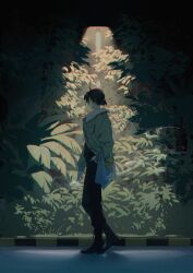  1boy 2pg bag black_hair black_shirt black_shoes brown_jacket bush cigarette commentary_request flower from_side full_body grass hand_in_pocket highres jacket lamppost original outdoors pavement shirt shoes shopping_bag short_hair smoke smoke_trail walking yellow_flower 