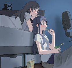  2girls absurdres bed black_hair blue_eyes blue_hair blush brown_eyes chair cushion drink_carton epitaph_(1122) food grey_shirt highres holding holding_food iced_tea idolmaster idolmaster_million_live! indoors kitazawa_shiho long_hair lying mogami_shizuka multiple_girls nose_blush office_chair on_bed on_stomach shirt short_sleeves sitting stuffed_animal stuffed_cat stuffed_panda stuffed_toy sweat swivel_chair 