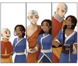  1boy 1girl aang age_progression arm_tattoo artist_logo avatar:_aang_the_last_airbender avatar_legends azezazel bald black_choker blue_tattoo braid brown_hair choker closed_mouth collarbone couple cowboy_shot dark-skinned_female dark_skin english_commentary hair_over_shoulder hand_on_another's_hip head_tattoo height_difference hetero highres katara logo long_hair looking_at_another open_mouth parted_lips sash signature single_braid smile tattoo twitter_username white_sash 