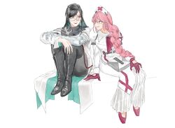  2girls anne_(path_to_nowhere) arms_on_knees bag belt black_belt black_boots black_hair black_unitard boots braid coat commentary_request glasses gloves grey_eyes hat iron_(path_to_nowhere) jrnc23 korean_commentary long_hair long_sleeves multiple_girls nurse_cap path_to_nowhere pink_eyes pink_hair prosthesis prosthetic_arm red_gloves red_shoes shoes single_braid smile thigh_boots very_long_hair white_bag white_coat yuri 