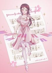  1girl bad_perspective bass_clef blush bow bracelet character_name cherry_blossoms dress earrings flat_sign footwear_bow frilled_dress frills full_body gradient_background hair_bow highres jewelry layered_sleeves long_hair love_live! love_live!_sunshine!! medium_dress musical_note necklace pantyhose parted_bangs pearl_bracelet pearl_earrings pearl_necklace piano_keys pianoforte_monologue pink_hair pink_shoes polka_dot polka_dot_scrunchie reaching reaching_towards_viewer sakurauchi_riko scrunchie sheet_music shoes short_sleeves solo sparklingvv1119 square_neckline treble_clef wrist_scrunchie yellow_eyes 