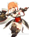  1girl arm_guards armor armored_dress black_gloves boots breasts cleavage cleavage_cutout elbow_gloves fang fingerless_gloves gloves highres leotard long_hair open_mouth orange_eyes orange_hair poleaxe solo ssberit thigh-highs thigh_boots twintails watermark 