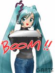  apple computer cosplay digital_media_player food fruit hatsune_miku ipod jeans laptop macbook macintosh maguta maguta_(c-arts) solo steve_jobs steve_jobs_(cosplay) sweater turtleneck twintails vocaloid 