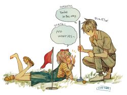  1boy 1girl ball bow closed_eyes clover_hair_ornament collared_shirt commentary doki_doki_literature_club english_text feet_up flag four-leaf_clover_hair_ornament golf_ball golf_club grass hair_bow hair_ornament holding holding_golf_club lying minigolf mixed-language_text on_stomach overall_shorts overalls pants putter red_bow sandals sayori_(doki_doki_literature_club) shirt short_hair signature single_sandal slip-on_shoes smile sora_(efr) striped_clothes striped_shirt translation_request untranslatable_commentary v 