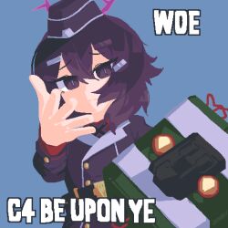  1girl black_hair blue_archive blue_background c4 commentary deep_rock_galactic english_text explosive garrison_cap hair_ornament hairclip halo haruka_(blue_archive) hat jupiter1390 long_hair long_sleeves looking_at_viewer meme microsoft_paint_(medium) purple_hair purple_halo simple_background solo throwing untranslatable_commentary violet_eyes woe_plague_be_upon_ye_(meme) 