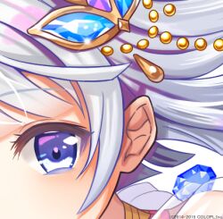  1girl baizu_(guszx) blue_eyes close-up commentary_request eye_focus gem gem_hair_ornament grey_hair hair_intakes hair_ornament jewelry looking_at_viewer lowres official_art profile_picture shironeko_project short_hair simple_background solo tina_topia white_background 