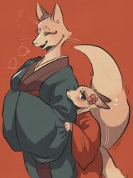  2girls absurdres aunt_and_niece black_eyes body_fur brown_kimono child commentary_request cowboy_shot fang fox_girl furry furry_female haori highres hug hug_from_behind japanese_clothes kimono looking_at_viewer multiple_girls orange_fur original oto_animal red_background red_kimono simple_background standing tail whiskers 