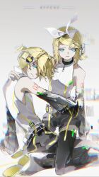  1boy 1girl absurdres arm_support arm_tattoo black_sleeves black_thighhighs blonde_hair blue_eyes bow chromatic_aberration closed_mouth commentary detached_sleeves grey_background hair_bow hair_ornament hairclip hand_on_another's_neck headphones highres hip_gear kagamine_len kagamine_len_(append) kagamine_rin kagamine_rin_(append) leg_warmers looking_at_viewer looking_back lower_teeth_only momo43757115 number_tattoo parallel_hairclips parted_lips pendant_choker ponytail see-through_clothes see-through_sleeves shirt shoes short_hair short_ponytail shorts sidelocks simple_background sleeveless sleeveless_shirt smile tattoo teeth thigh-highs treble_clef turning_head vocaloid vocaloid_append white_bow white_shirt white_shoes yellow_trim 