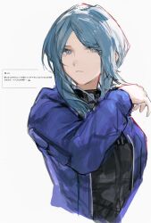  1girl bari_(project_moon) black_shirt blue_coat blue_eyes blue_hair coat commentary commentary_request cropped_torso fan_request hand_up harume_neko highres limbus_company medium_hair odaibako open_clothes open_coat project_moon shirt sidelocks simple_background solo white_background 